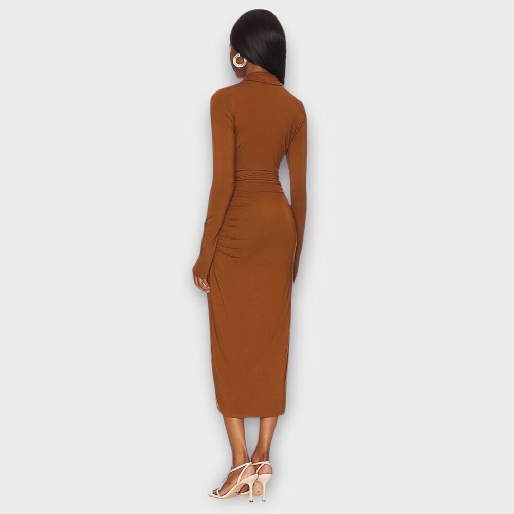 Good American Good Touch Button Front Midi Dress Women's 1/Small Brown Ruched - Picture 2 of 12
